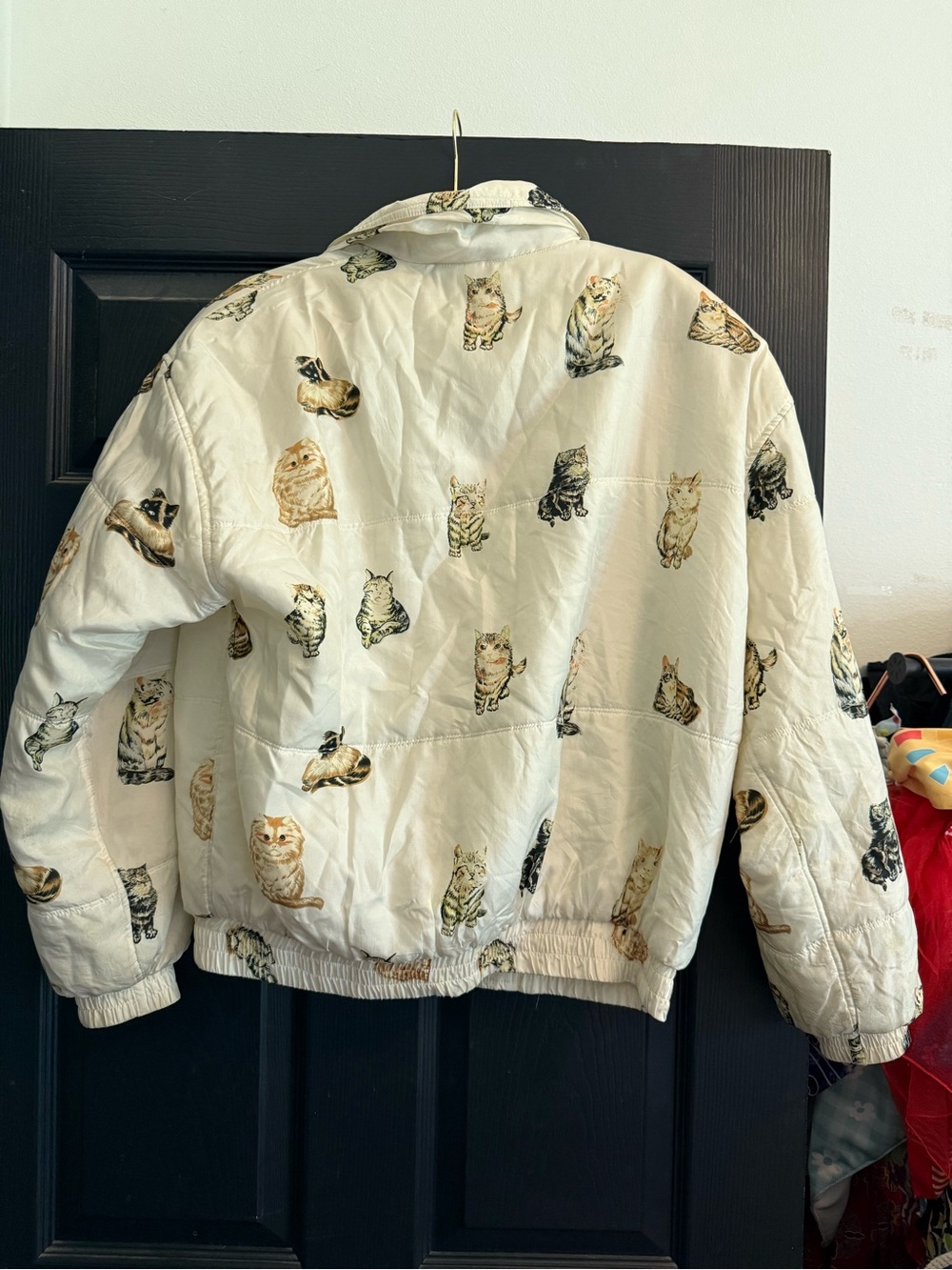 Coaco Silk Cat Pattern Bomber White Jacket , Size L, EUC - Picture 2 of 6